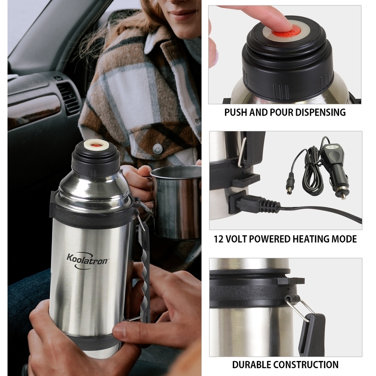 Koolatron 12V Heated Vacuum Flask, 1L Thermos Bottle, Stainless Steel