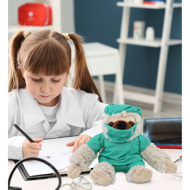 DolliBu Sloth Doctor Plush Toy with Cute Scrub Uniform and Cap Outfit - 7.5 inches