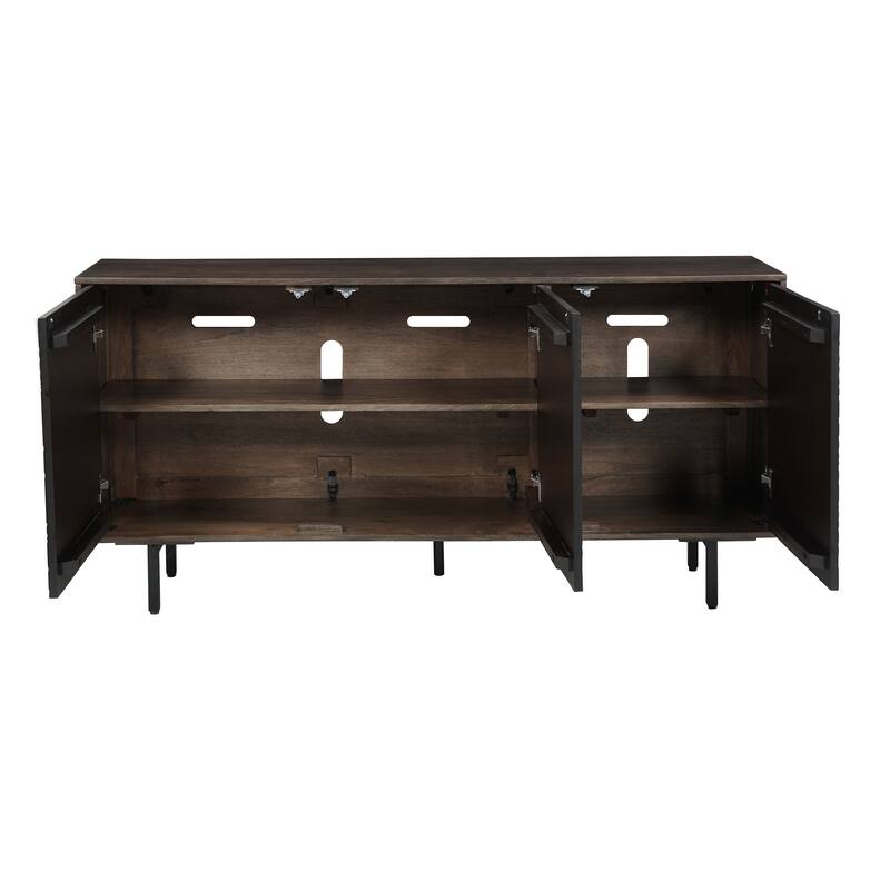 64 Inch Cosmo TV Stand Console, 3-Door Cabinet, Dark Walnut Brown & Black Mango Wood