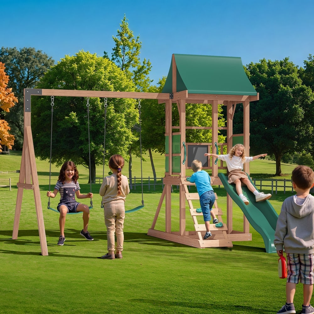 EROMMY 4‑in‑1 Outdoor Playset – Wood Swing Set with Slide, Climbing Wall & Adjustable Swings, Backyard Playground for Kids