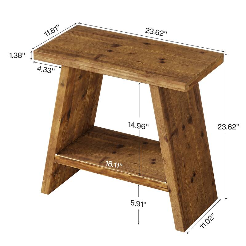 Solid Wood Farmhouse Side Table with 2-tier Storage Shelf