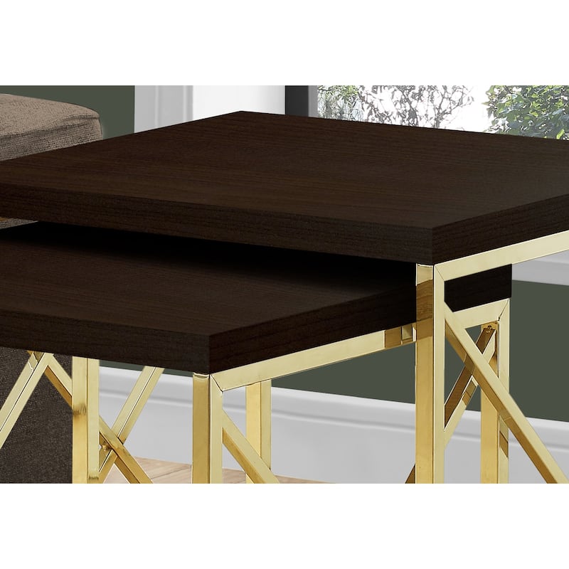 Space-Saving 2 Piece Nesting Tables Set Brown Wood Top with Gold Frame for Living Room - 19.75"L x 19.75"W x 21.25"H