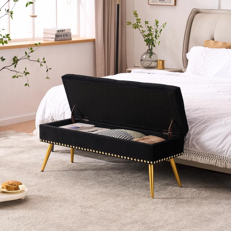 Velvet Storage Ottoman Bench with gold legs and Nailhead Trim for Bedroom/End of Bed/Entryway/Window