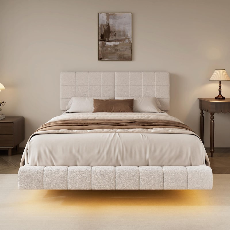 White Bouclé Floating Bed with Ambient Light - White - Queen