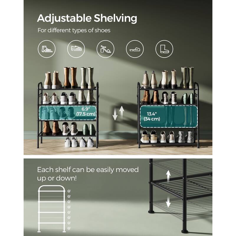 Moder Metal Shoe Rack Organizer with Shelf Storage with Side Hooks for Multiples Shoes Pairs