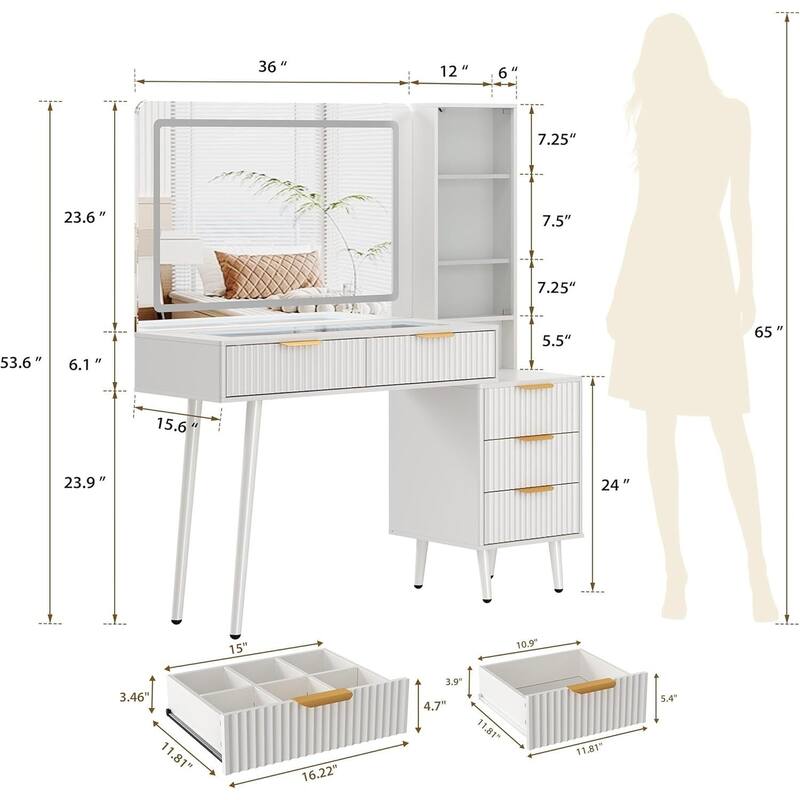 5 Drawers Vanity Desk, Makeup Dressing Table with Built-in USB Outlet Charging Station