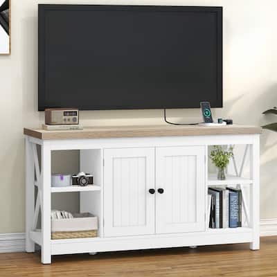 Moasis 47" Farmhouse TV Stand with Built-in Power Outlet, Entertainment Center with Storage for Living Room