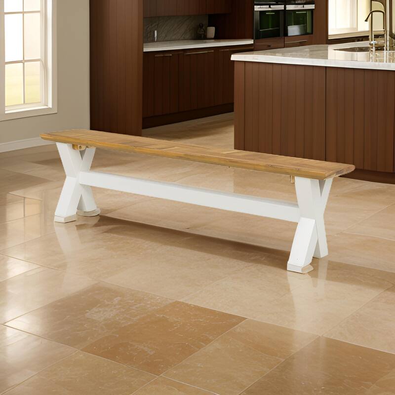 70 Inch Dining Bench, White X Leg Trestle Base, Acacia Wood, Brown Seat
