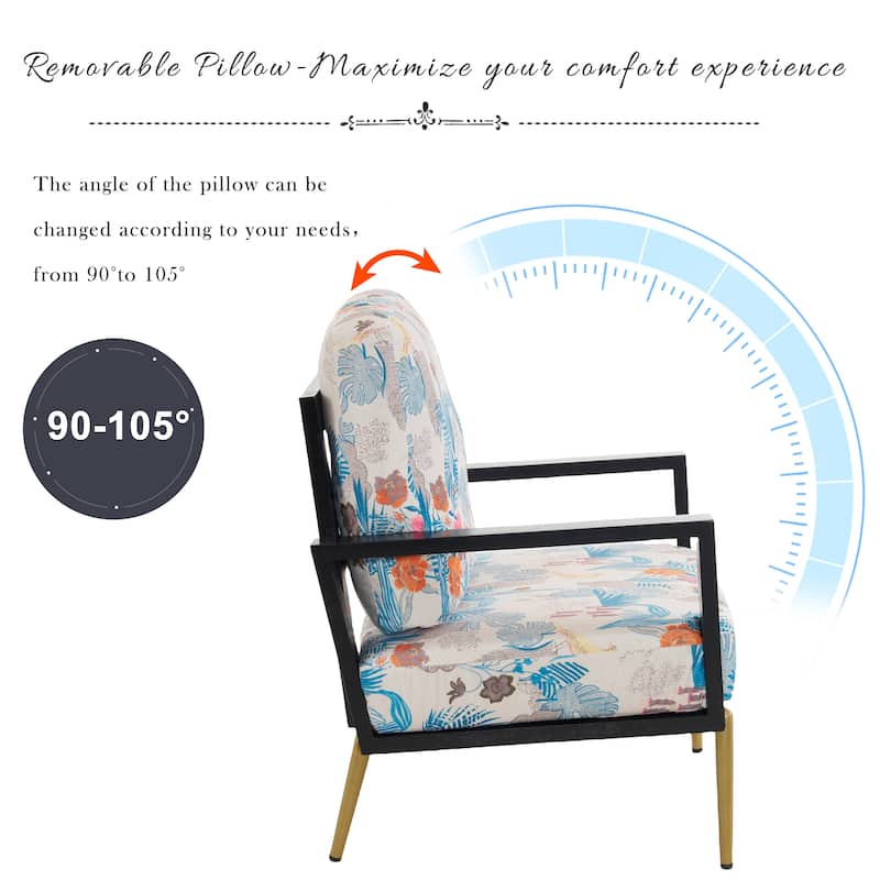 Floral Print Velvet Accent Armchair with Metal Legs and Rubberwood Frame, Wide Armrest Sofa Chair with Pillow Back Lounge Chair