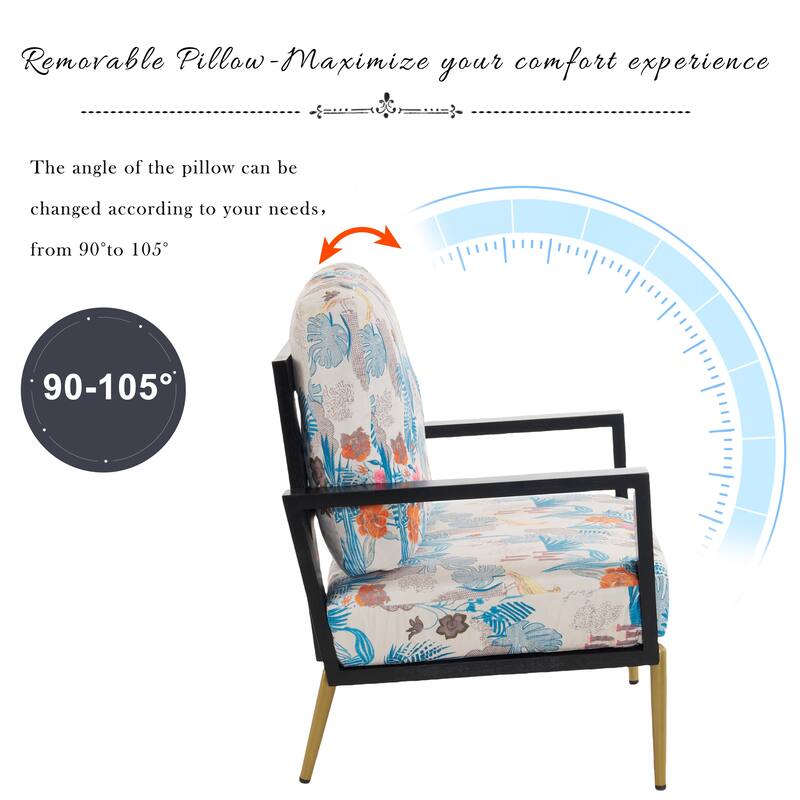 Retro Floral Print Velvet Armchair with Gold Legs and Rubberwood Frame, Ideal for Indoor and Outdoor Use - Antique Blue,Black+ Flower