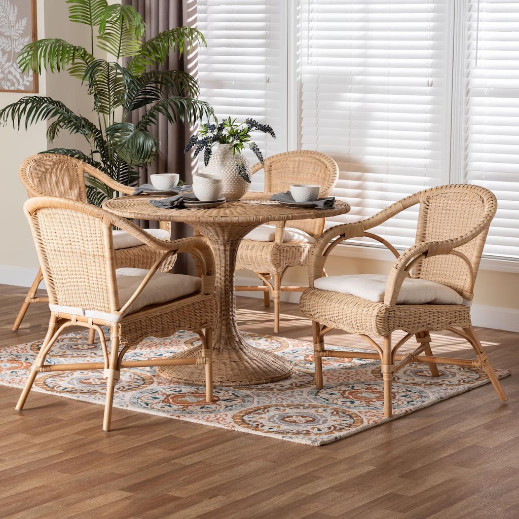 Liam 5-Piece Natural Rattan Dining Set - Handwoven Wicker Dining Furniture with Cushioned Seats, Boho Coastal Dining Room Set
