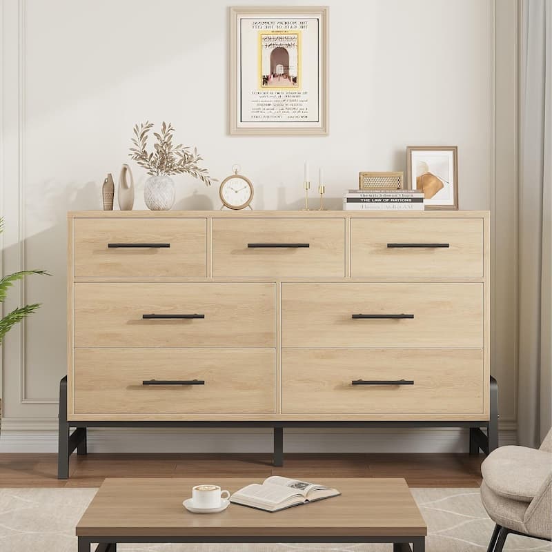 Freestanding 7 Drawers Wide Dresser for Bedroom - Natural