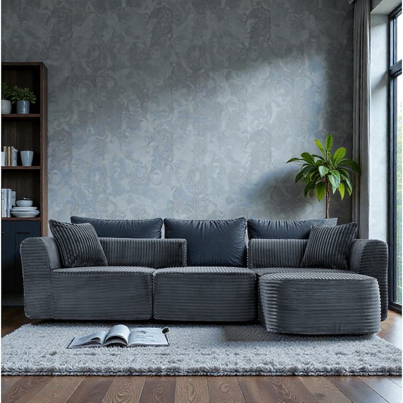 114" Cloud Sectional Couch with L Shape Chaise, Modular Corduroy Sofa with Movable Ottoman, No Assembly