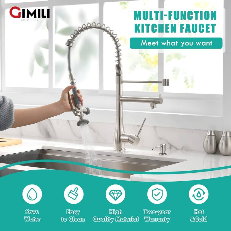 Commercial Kitchen Faucet with Pull Down Sprayer, Double Headed Single