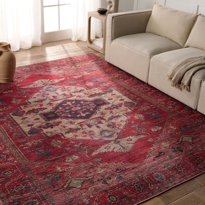 Monroe Machine Washable Medallion Red/ Brown Area Rug