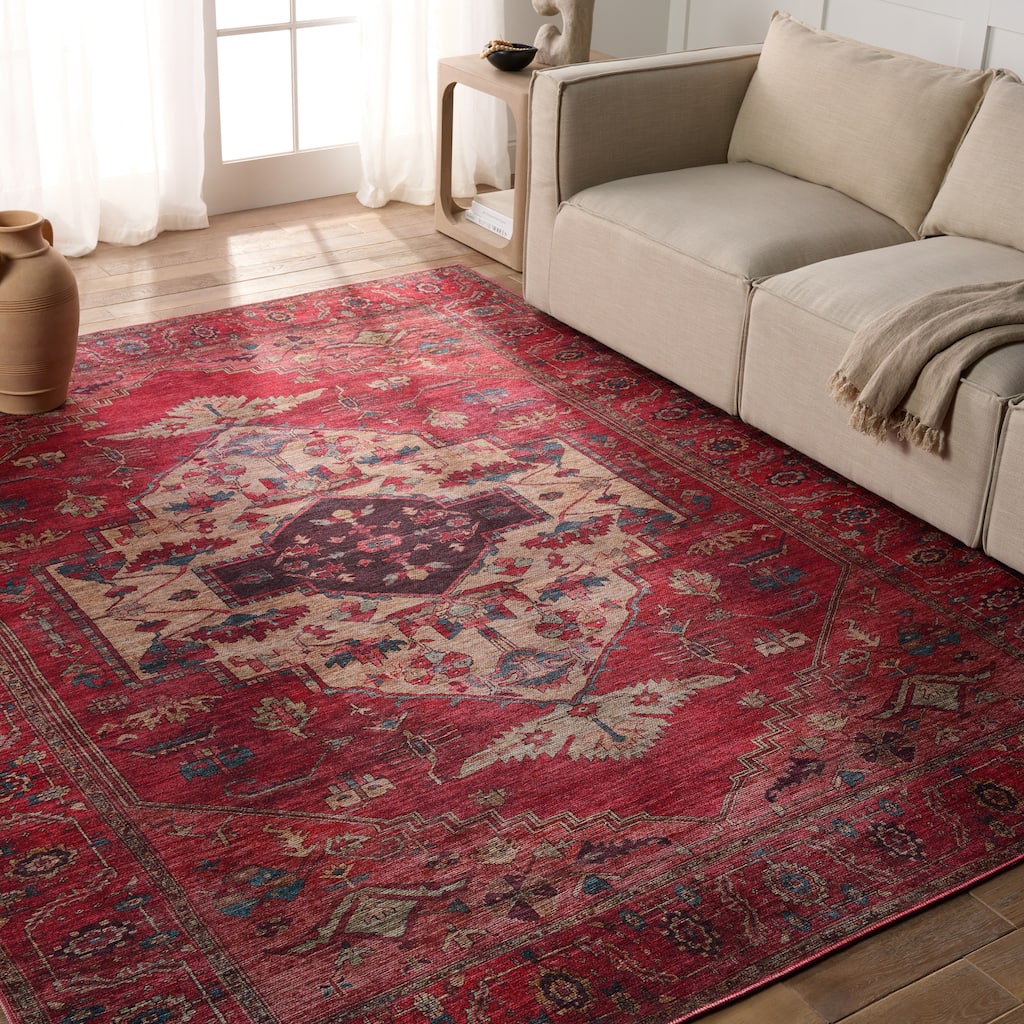 Monroe Machine Washable Medallion Red/ Brown Area Rug