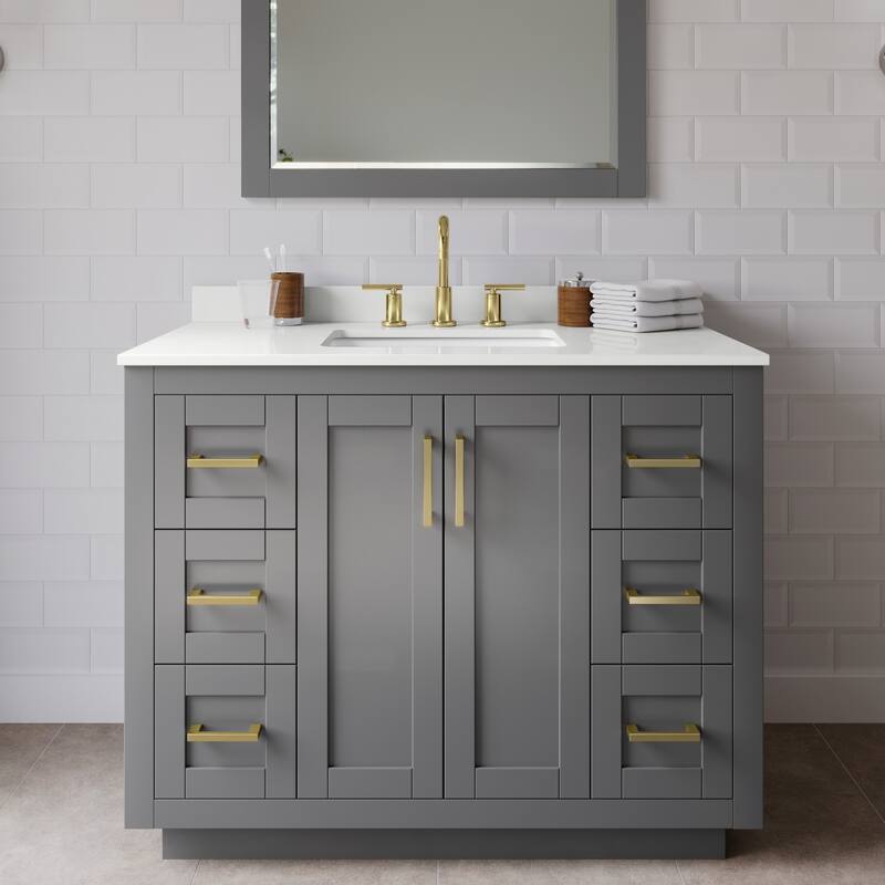 Wyndham Collection WCF292942S-QTZ-US3M34 Miranda 42" Free Standing - Dark Gray / White Quartz Top / Brushed Gold