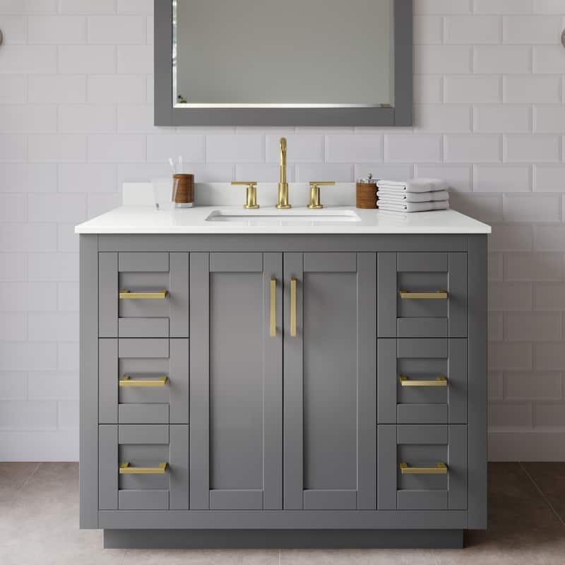 Wyndham Collection WCF292942S-QTZ-US3MXX Miranda 42" Free Standing - Dark Gray / White Quartz Top / Brushed Gold