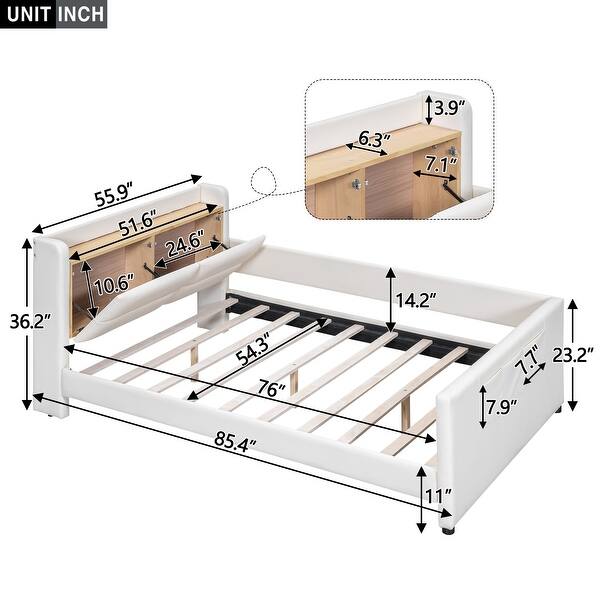 dimension image slide 0 of 2, Upholstered Bed Platform Bed Faux Leather Bed Frame with Storage Headboard and Guardrail Wood Slat Support Low Profile Bed
