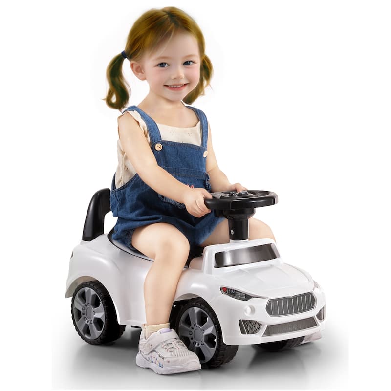 Toddler Ride On Push Car for Ages 1-3, White with Music Steering Wheel & Storage, Sit-to-Stand