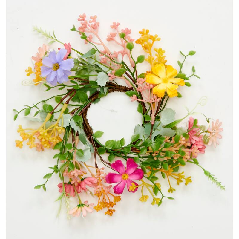 12" Spring Flowers and Green Leaves Pillar Candle Ring, 3.5" Inner Diameter, Set of 2 - 12