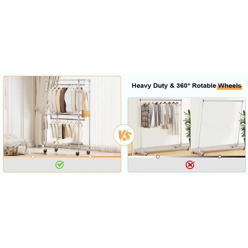 Heavy Duty Rolling Garment Rack with Wheels, 3-Tier Adjustable Wire Shelving, Clothes Rack with 2 Rods & Side Hooks