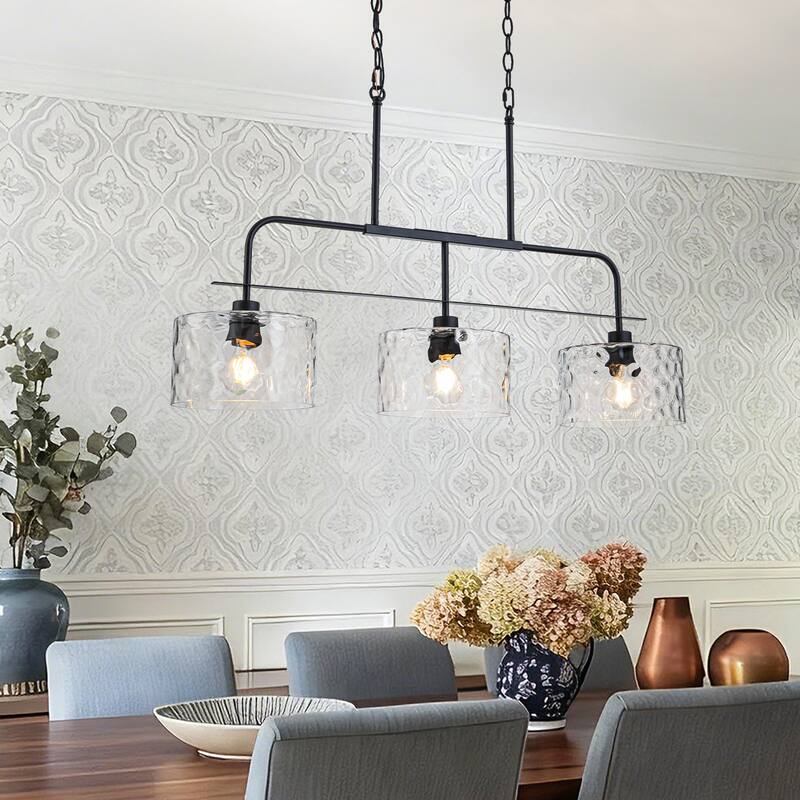 Modern 3-Light Black Pendant Light with Water Ripple Glass Shades for Dining and Living Room