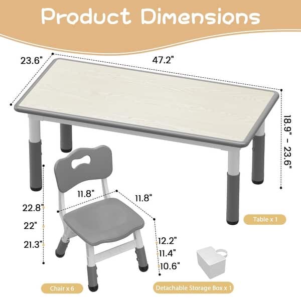 dimension image slide 0 of 6, Height Adjustable Kids Table and 6 Chairs Set with Storage Box