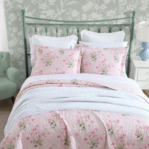 Laura Ashley Veronicas Bouquet Cotton Reversible Pink Quilt Set