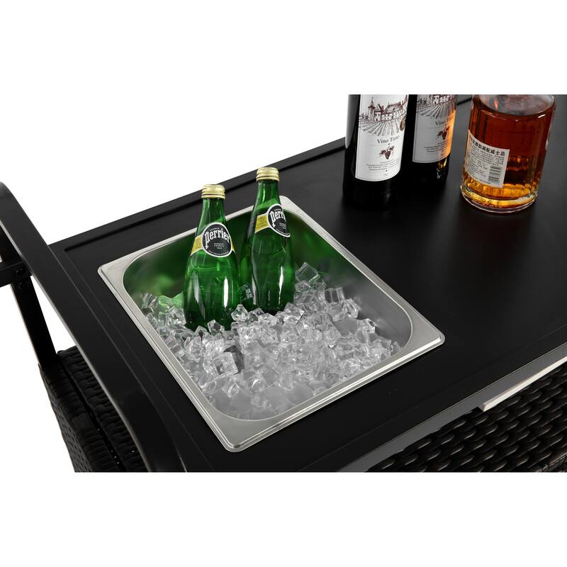 Outdoor Bar Table, Wicker Bar Cart with Cabinet, Patio Serving Cart with steel Top, with one ice bucket,Lockable Wheels