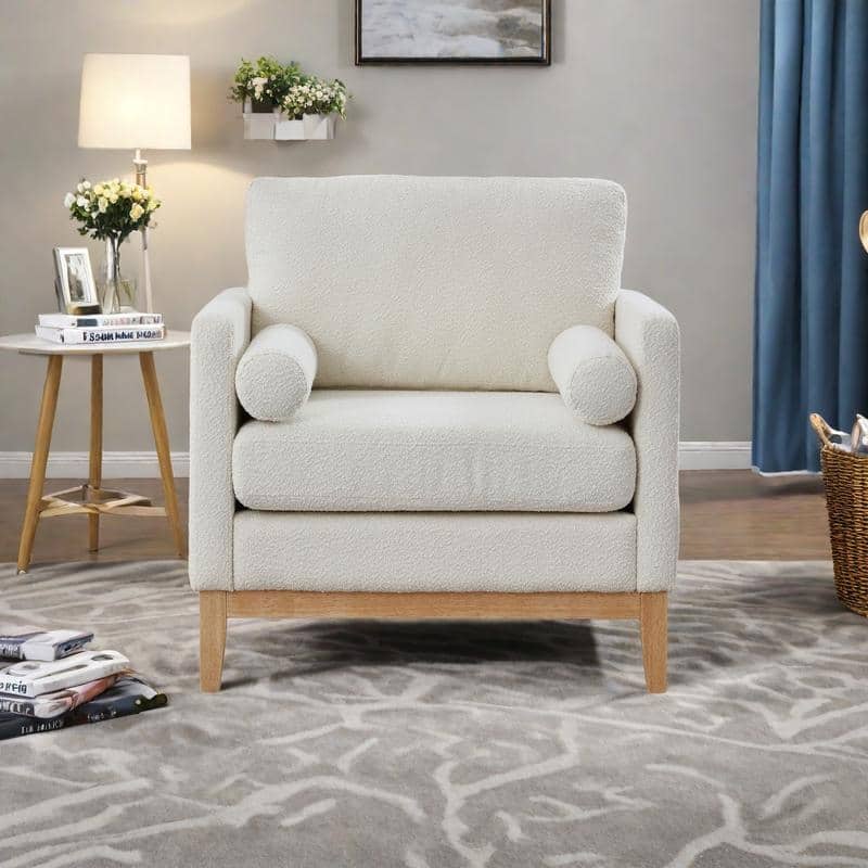 Boucle Modern Farmhouse Armchair with Natural Wood Legs, 2 Bolster Pillows & 300lb Weight Capacity - Ivory