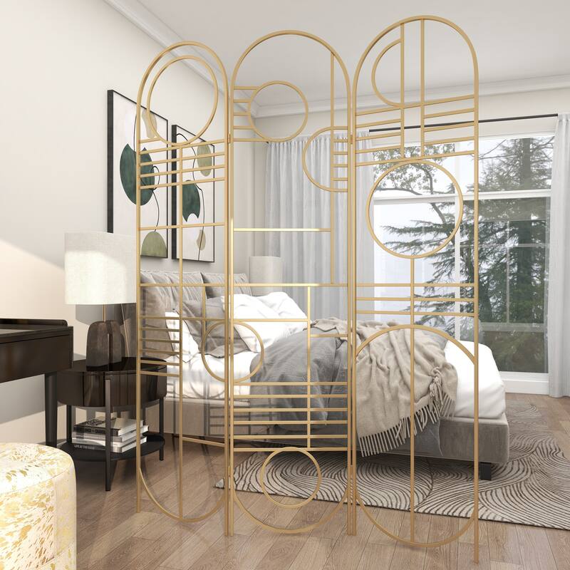 Gold Metal Hinged Foldable Arched Partition 3 Panel Geometric Partition Room Divider Screen
