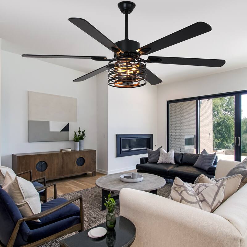 Bella Depot 65" Industrial Metal Cage Ceiling Fan with Light and Remote 6-Speed Reversible Fan