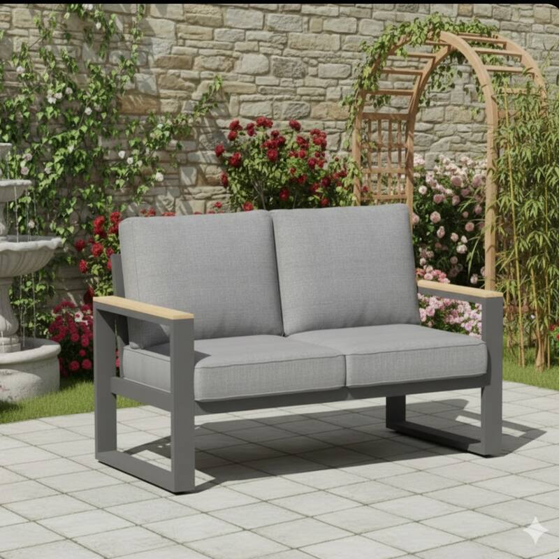 52" Aluminum Patio Loveseat Sofa with Thick Gray Cushions