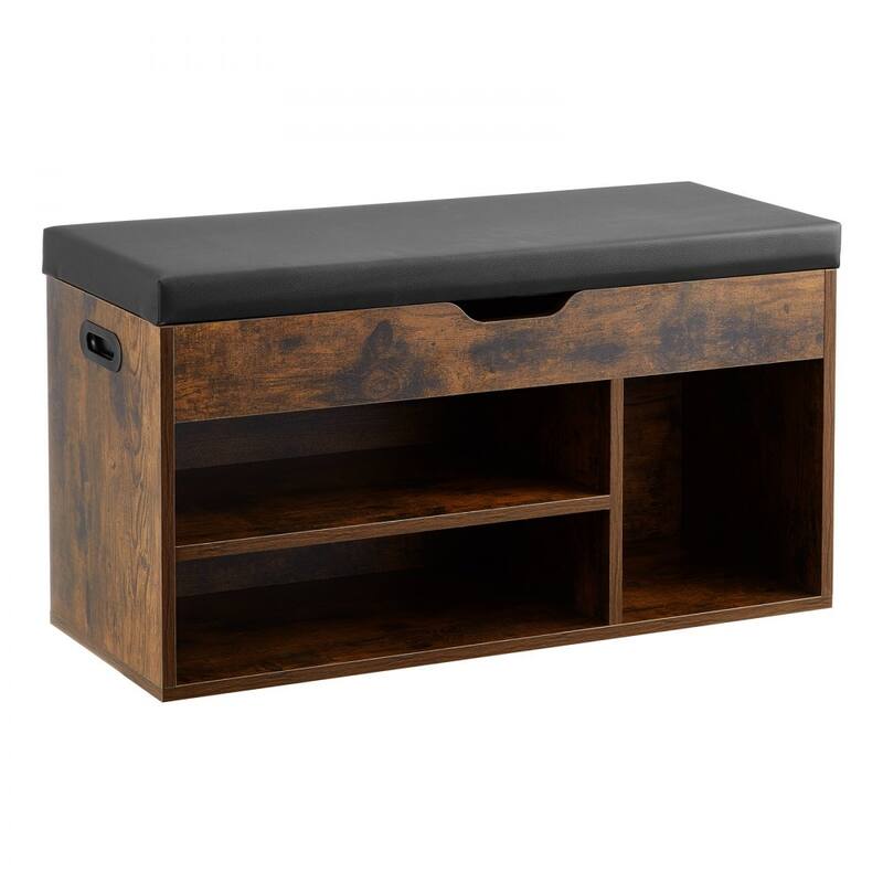 Brown Entryway Shoe Storage Bench with Cushion Seat and Hidden Compartment for Boots and Slippers - 31.7 x 12.0 x 17.5 Inch
