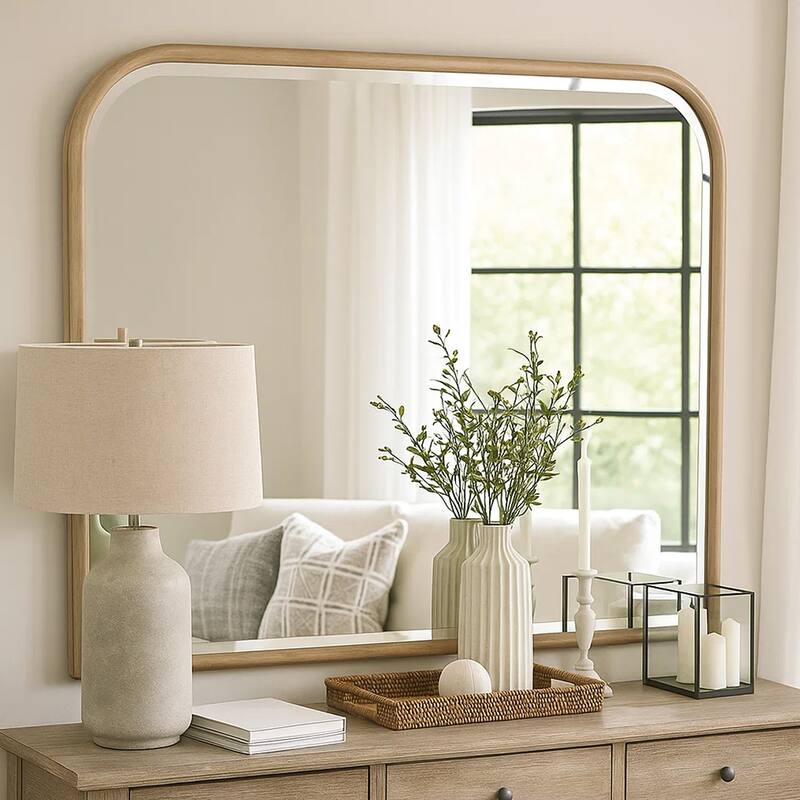 Lno Dresser Mirror, Beige Oak Wood Frame, Rectangular 36 Inch - Beige Brown Oak