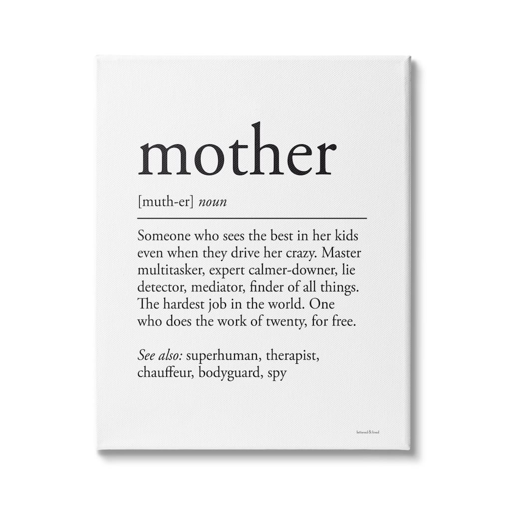Stupell Mother Definition Funny Motivational Phrase Superhuman Synonym Canvas Wall Art - White