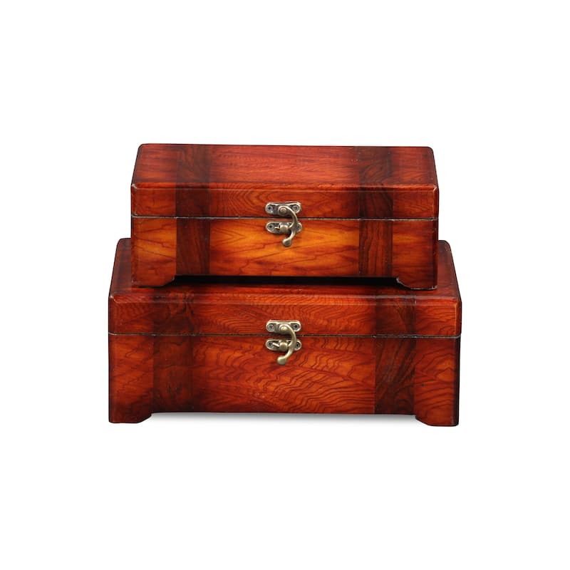 Brown Wooden Burlwood Veneer Storage Boxes (Set of 2)