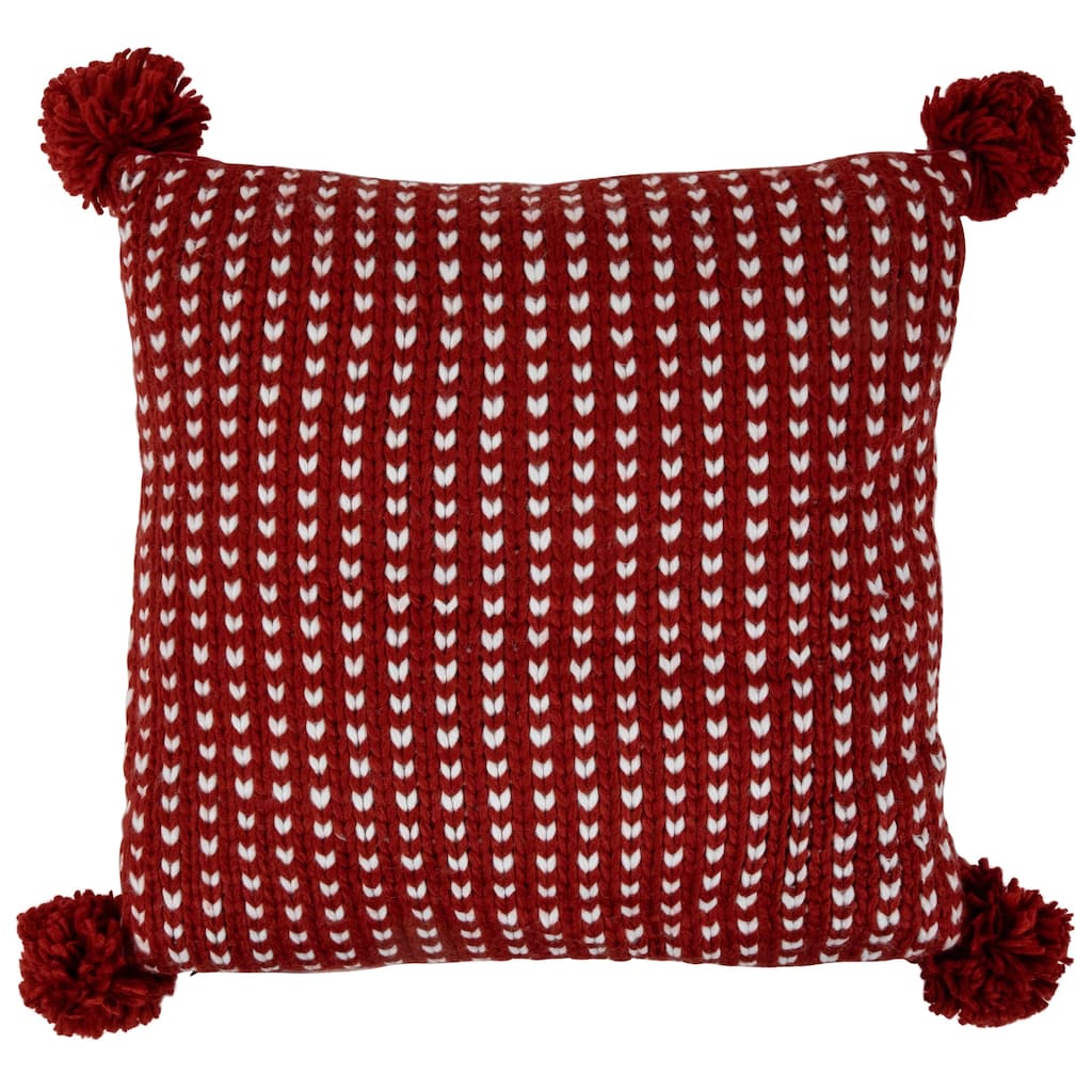18" Red and White Knitted Square Throw Pillow with PomPoms