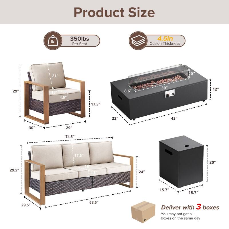 Meyreso Wicker Patio Conversation Set with Metal Fire Pit Table & 4.5-Inch Olefin Cushions