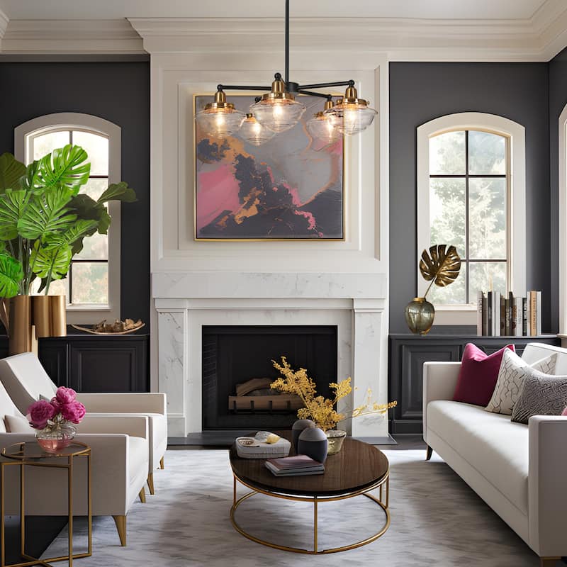 Mid-Century Modern 3/5-Light Black Gold Wheel Chandelier Seeded Glass Pendant Light for Dining Room