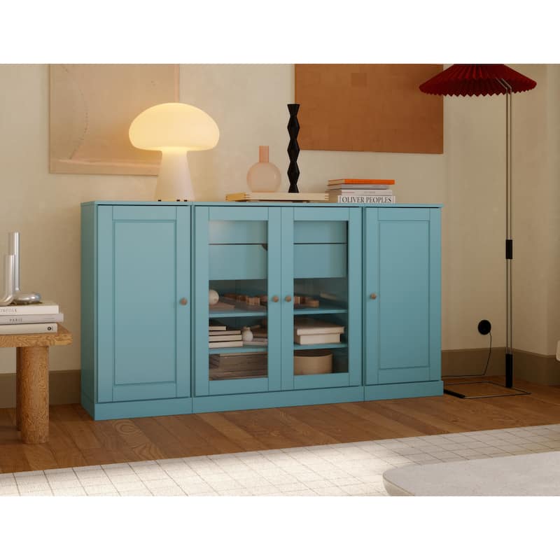 Palace Imports 100% Solid Wood 65" Sideboard with Solid, Clear Glass Doors, 2-Drawers and Adjustable Shelves - Aqua Blue