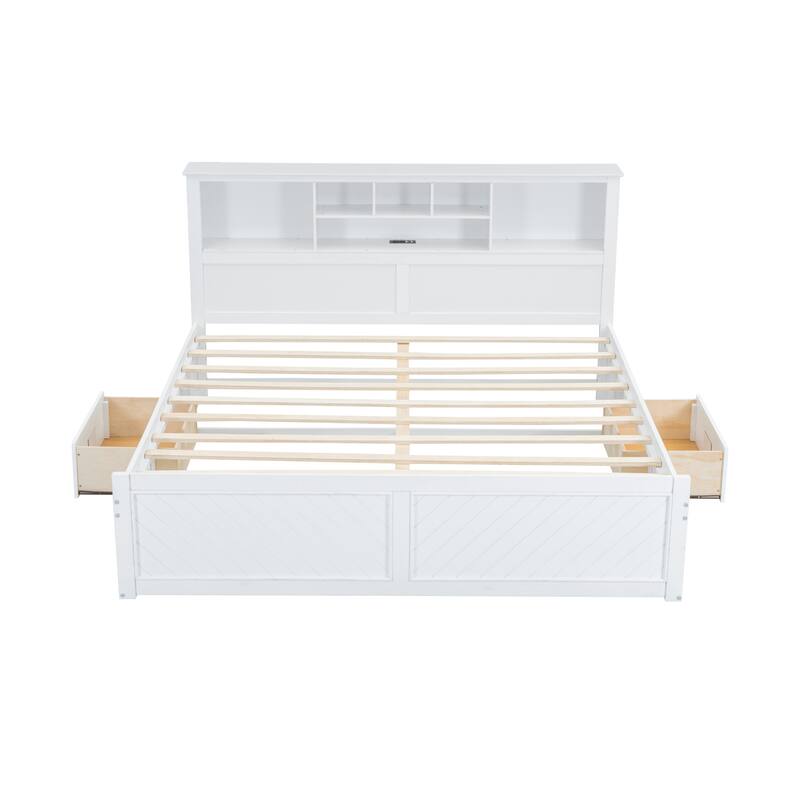 King Size Wood Platform Bed with Multi-storage Headboard, USB and Drawers
