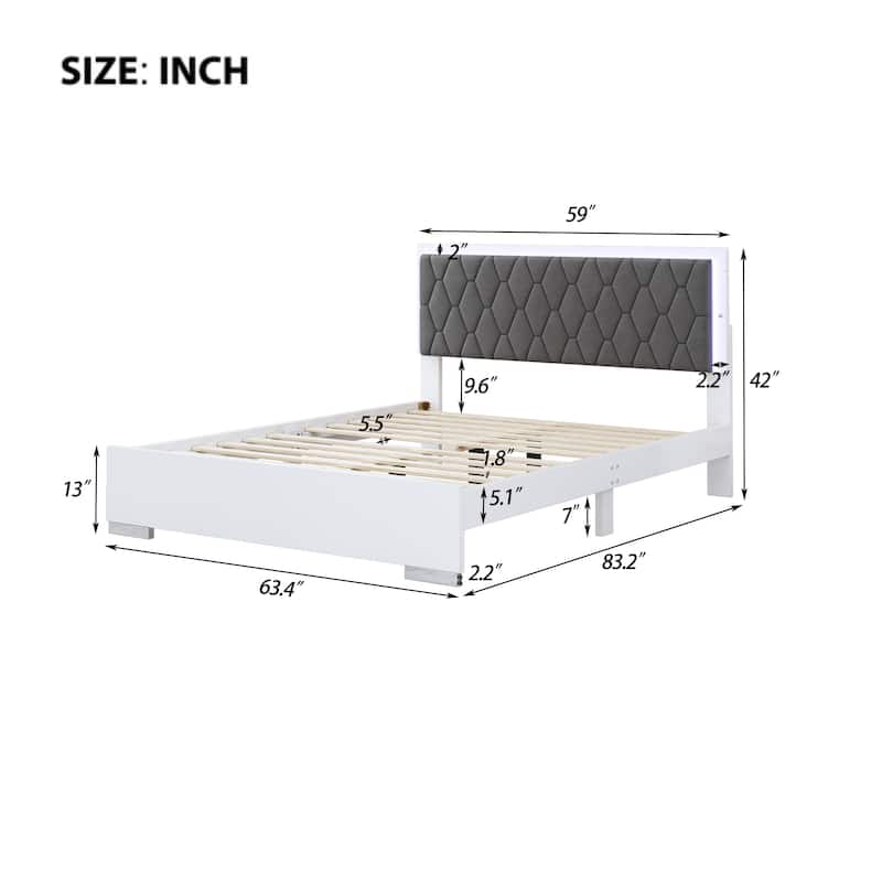 Queen Size Upholstered Platform Bed with LED Light and Velvet Headboard