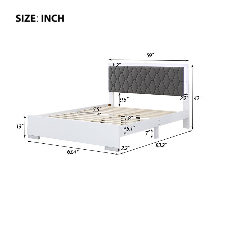 Queen Upholstered Platform Bed with LED & Velvet Headboard