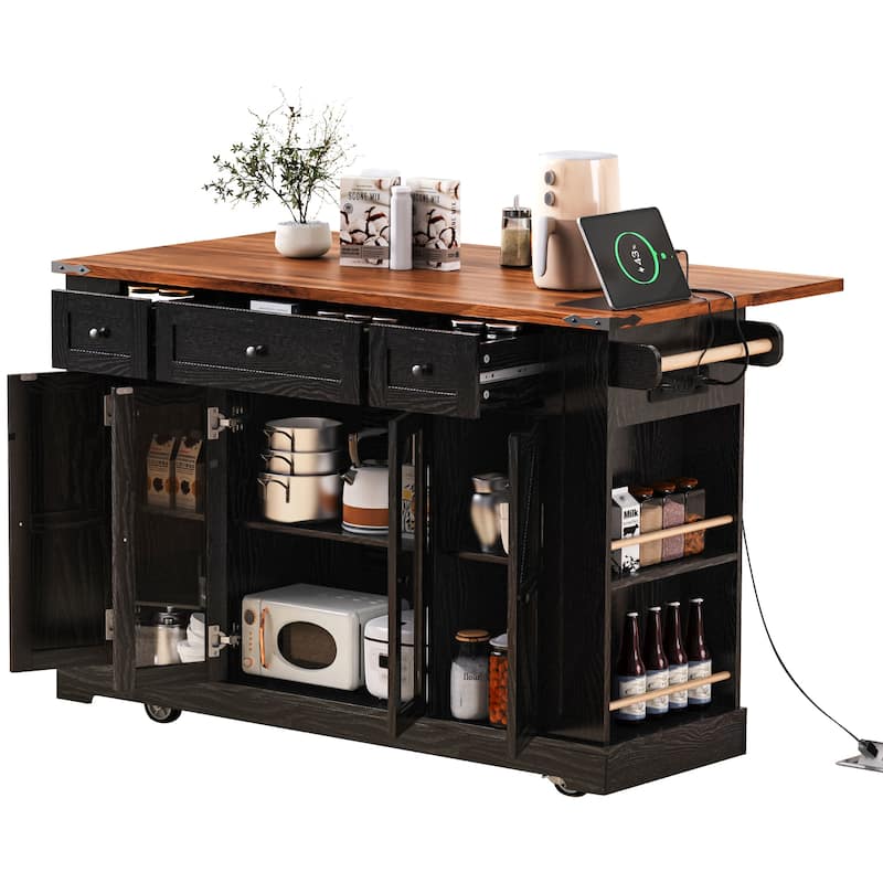 53'' Kitchen Island with Two Tempered Glass Cabinet Doors, Rolling Kitchen Cart on Wheels with Drop Leaf, Power Outlet