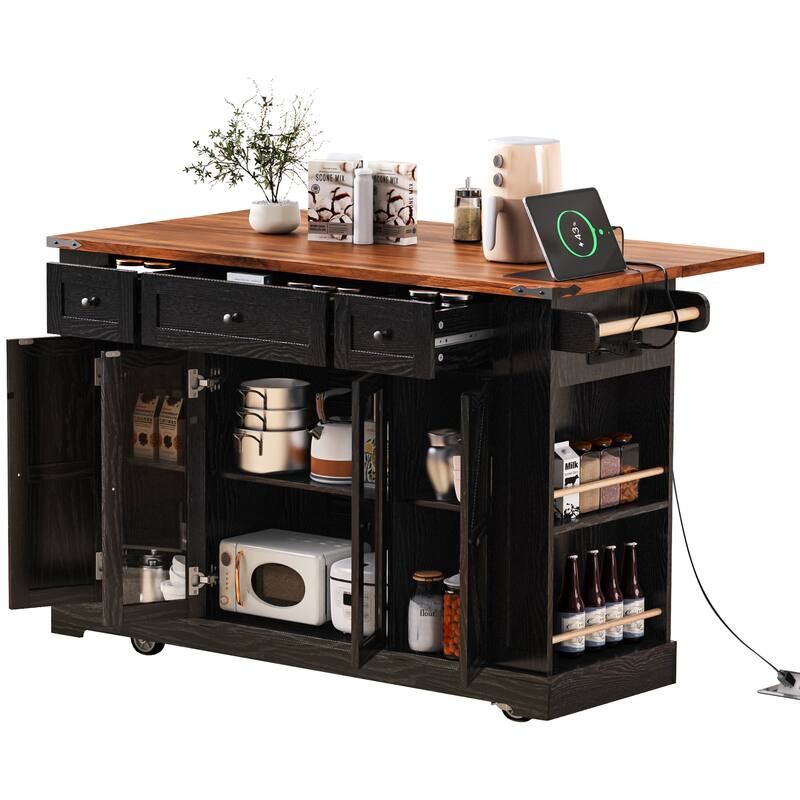 Kitchen Island with Two Tempered Glass Cabinet Doors and Power Outlet, Rolling Storage Cabinet with Drop Leaf, Open Side Racks