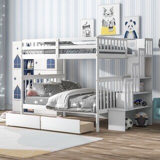 White Full over Full Bunk Bed with 2 Drawers and Staircases, Convertible into 2 Beds