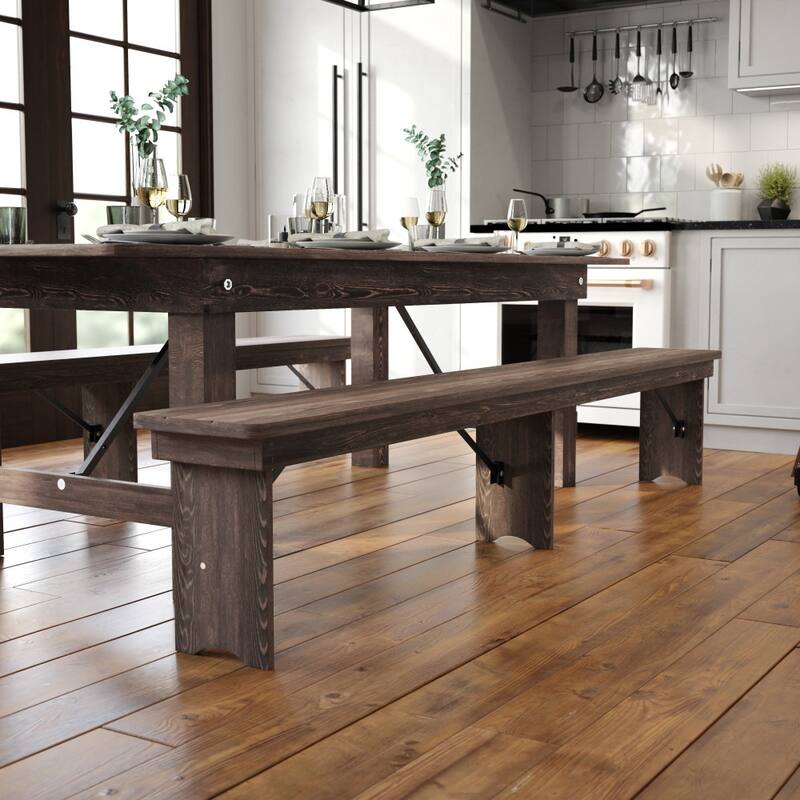 8' x 12" Antique Rustic Solid Pine Folding Farm Bench with 3 Legs - Mahogany