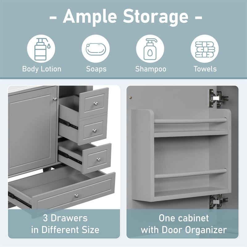 30" Bathroom Vanity with Ceramic Sink, Freestanding Bathroom Vanity Cabinet w/ 3 Storage Drawers, 1 Soft Close Door & Door Shelf